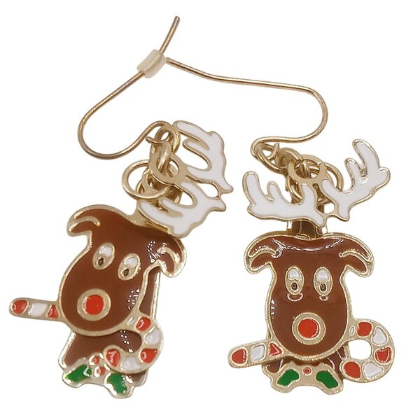 Christmas Earrings Rocking Rudolf Reindeer Enamel Gold Tone Metal Dangle Jewelry - Picture 1 of 5